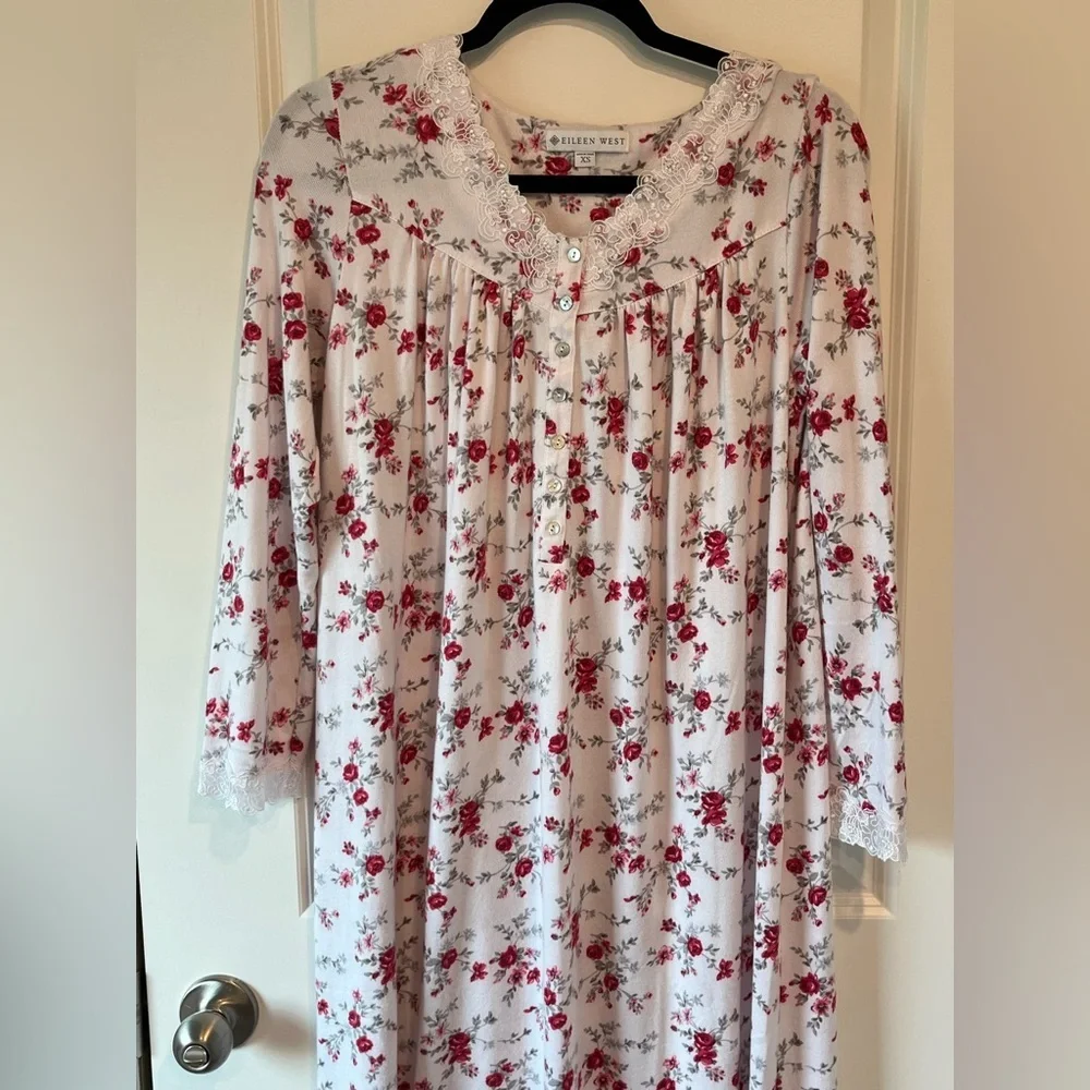 EILEEN WEST Multi Floral Soft Midi NIGHTGOWN XS Lace Trim Cottagecore